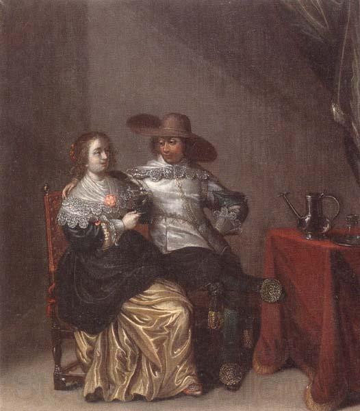 Laurentius de Neter An interior with a soldier makng advances to a lady,deside a table draped with a red cloth,with a pewther jug and an upturned roemer on a pewter dish Germany oil painting art